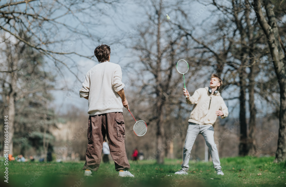 Fototapeta premium Two young friends play badminton on a grassy lawn in a park. A casual outdoor game captures movement and relaxed weekend leisure.