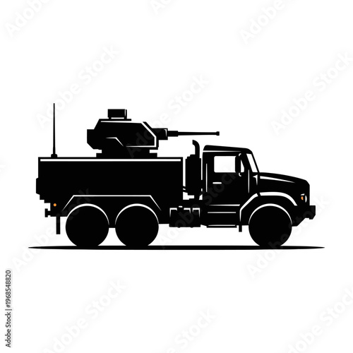 Silhouette of a military truck with a mounted turret, isolated on white background