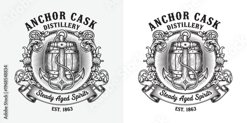 Nautical Anchor Cask Distillery Logo with Filigree Ornament and Rum Barrel