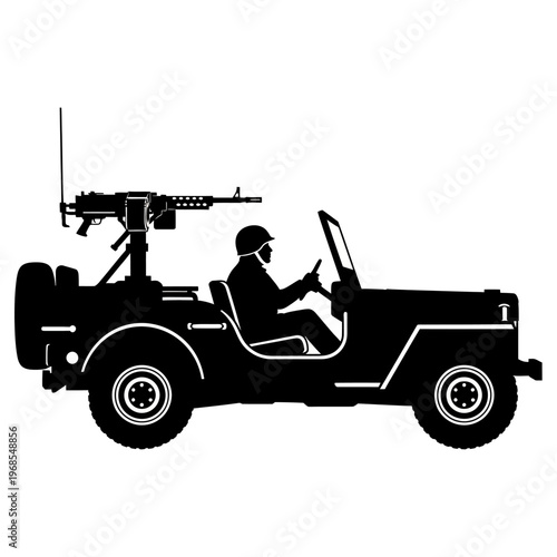 Silhouette Soldier Driving Military Jeep with Machine Gun