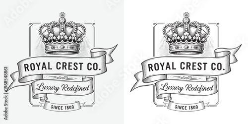 Royal Crest Co Luxury Crown Emblem with Elegant Flowing Ribbon Banner