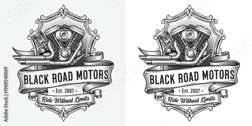 Black Road Motors V-Twin Engine Emblem with Pistons and Exhaust Pipes