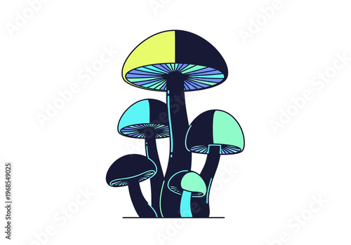 Modern Stylized Mushroom Illustration - Neon Psychedelic Fungi Vector Art on White Background