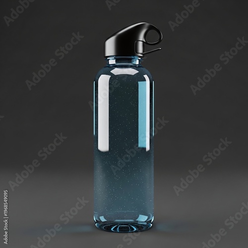 Clear Blue Reusable Sport Water Bottle with Black Lid Filled with Water on Dark Background