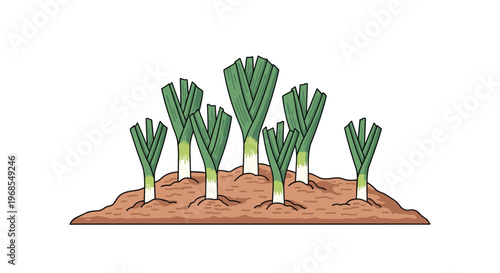 A cluster of seven green leeks grows in a mound of brown soil against a plain white background.