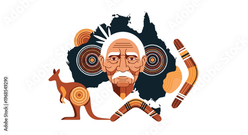 Aboriginal Culture and Australian Heritage Vector Illustration with Elder Portrait, Kangaroo, Boomerangs, and Map Silhouette