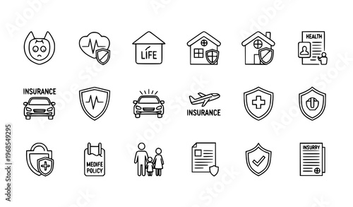 Minimal insurance icons set umbrella shield family and property protection vector eps10