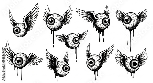Urban Graffiti Eyeballs with Wings Vector Illustration Sheet in Black Ink Grunge Punk Street Art Style