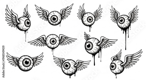 Urban Graffiti Eyeballs with Wings Vector Illustration Sheet in Black Ink Grunge Punk Street Art Style