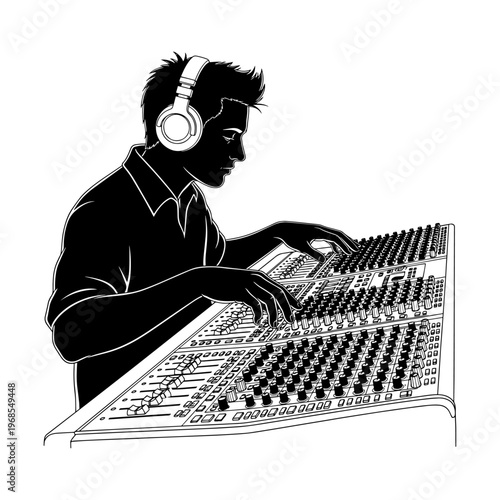 Young music producer wearing headphones working on digital audio workstation with sound mixing console