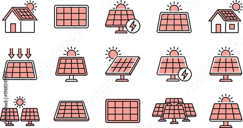 Solar panel icon set. House roof with sun energy symbols. Renewable green power and electricity logotypes. Vector illustration.