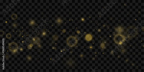 : Floating golden dust shines with bright sparkle light. Abstract particles create magical glowing effect. Perfect design element for luxury backgrounds and banners. Vector