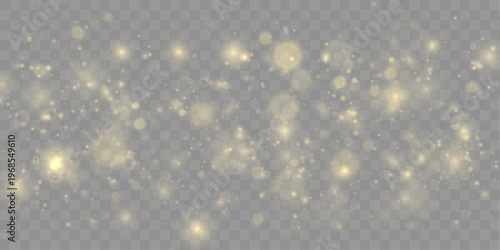 Soft golden dust glows with sparkling light particles. Elegant shimmer creates festive atmosphere. Perfect design element for luxury backgrounds and banners. Vector