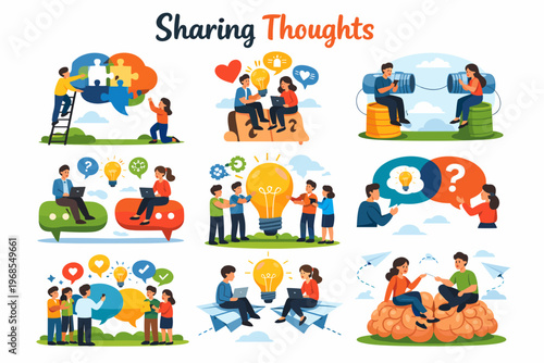 Sharing Ideas and Team Brainstorming Concept with Communication and Collaboration Illustration