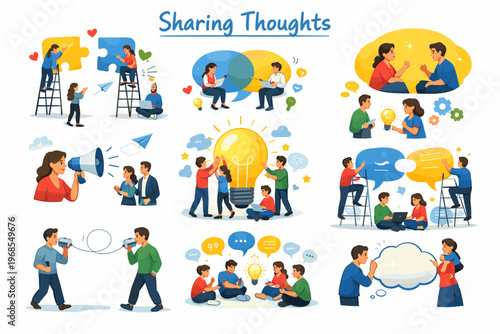 Sharing Ideas and Team Communication Concept with Brainstorming, Collaboration and Discussion Illustration