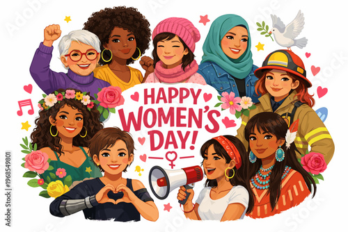International Women’s Day Illustration with Diverse Women, Empowerment and Celebration Concept
