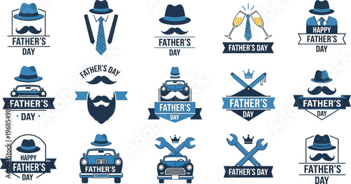 Collection of Father's Day badges and logos featuring hats, mustaches, cars, and tools in a vintage flat design style.