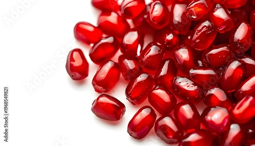 A vibrant pile of juicy pomegranate seeds on a clean white surface