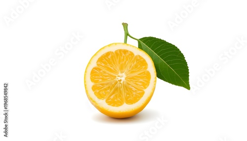 A halved lemon with a green leaf on a white background