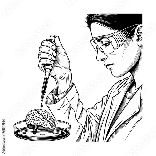 scientist analyzing brain model in laboratory with magnifying glass illustration