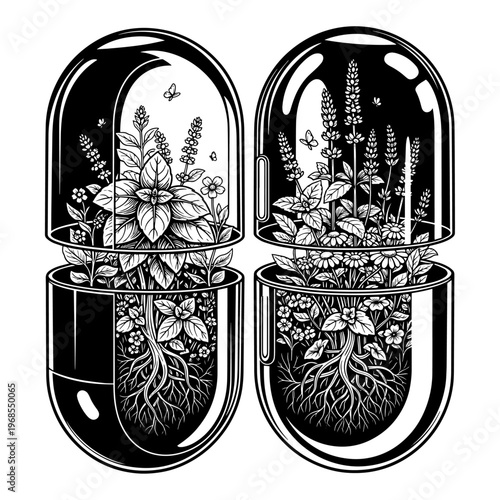 elegant black and white botanical terrarium illustration with flowering plants and roots in glass containers