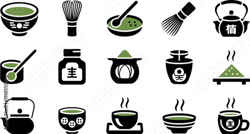 Traditional Japanese Tea Ceremony Tools and Utensils Set Illustration