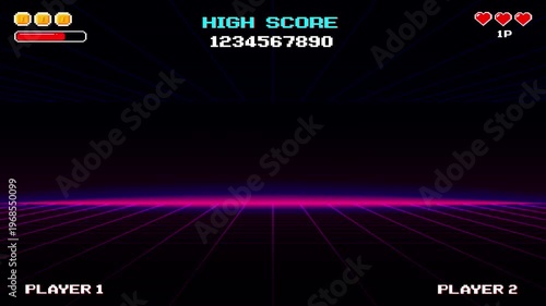 PRESS START. pixel art 8 bit. Retro Futurism Sci-Fi Background. glowing neon grid. and stars from vintage arcade computer games