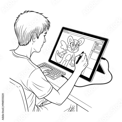 Artist drawing cartoon monster on digital tablet with stylus for creative design project