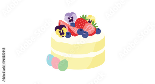A two-tiered cake decorated with berries and pansies sits beside three pastel Easter eggs on a white surface.
