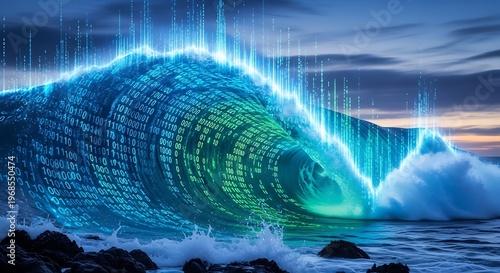 Digital wave composed of binary code crashing over ocean rocks at twilight