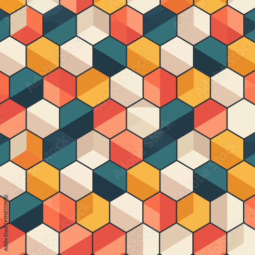 Colorful geometric hexagonal pattern with vibrant retro design