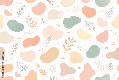 Abstract pastel pattern with organic shapes and leafy elements