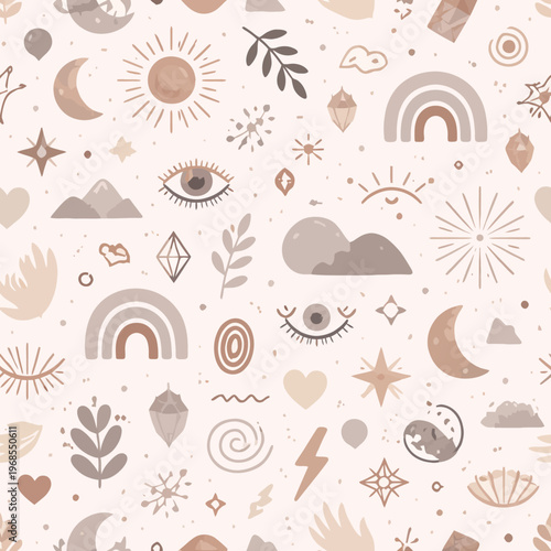 Bohemian pattern with rainbows, moons, eyes, and nature elements in soft earth tones