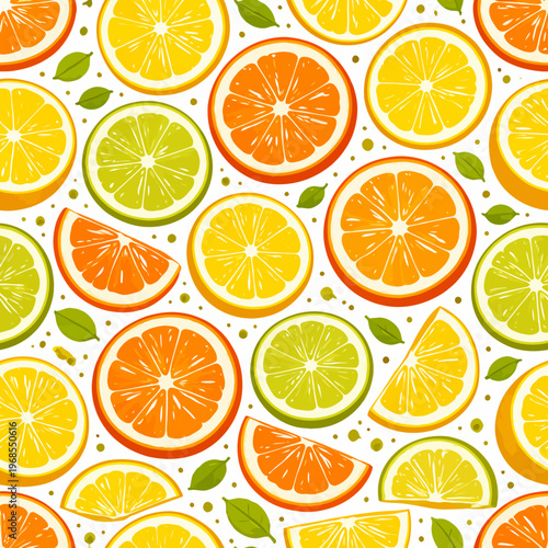 Colorful citrus fruit pattern with oranges, lemons, and limes on white background