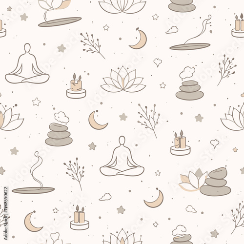 Seamless pattern with meditation motifs and natural elements in soft tones
