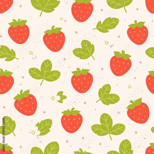 Seamless pattern of strawberries and leaves with blossoms on beige background