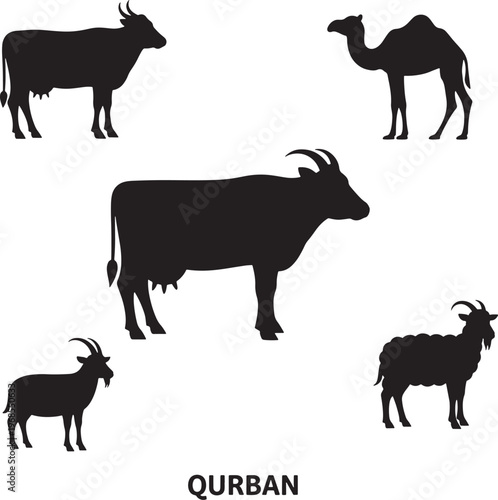 Qurban Animals Silhouette Set - Islamic Sacrificial Cow, Camel, Goat, Sheep Vector Collection