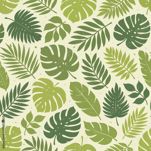 Green tropical leaf pattern with monstera and palm leaves on beige background