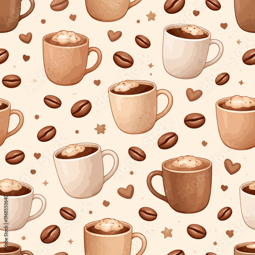 Seamless cappuccino coffee pattern with hearts and coffee beans