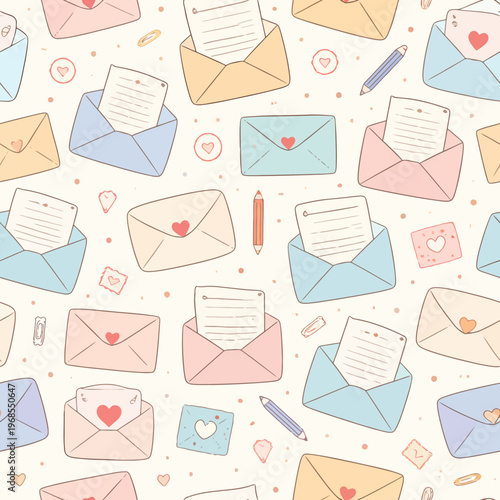 Charming pattern of envelopes with letters, hearts, and stationery on cream background
