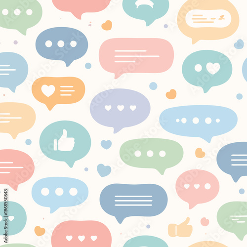 Colorful chat bubbles and icons seamless pattern for social media