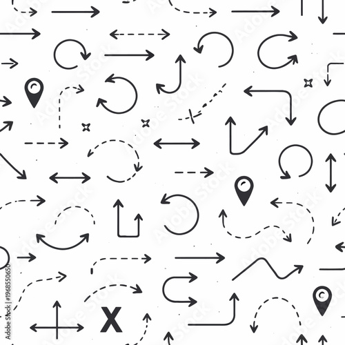 Seamless pattern of various arrow symbols and directions on white background