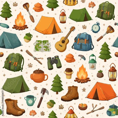 Seamless camping pattern: tents, campfires, equipment, and nature