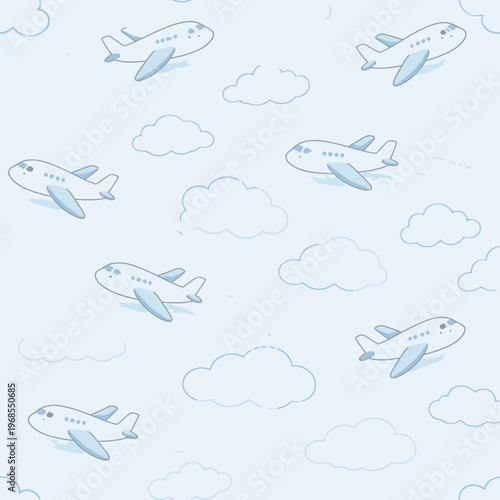 Cartoon airplanes and white clouds on blue sky background