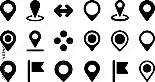 Collection of various location pin icons with different symbols inside isolated design