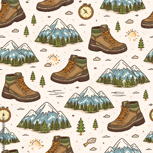 Seamless pattern of hiking boots and mountain landscapes with clocks and trees