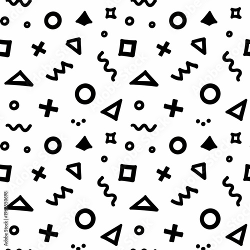 Seamless black and white geometric pattern with abstract shapes