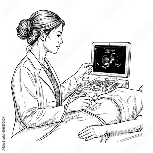 Female doctor analyzing ultrasound scan on computer during medical consultation
