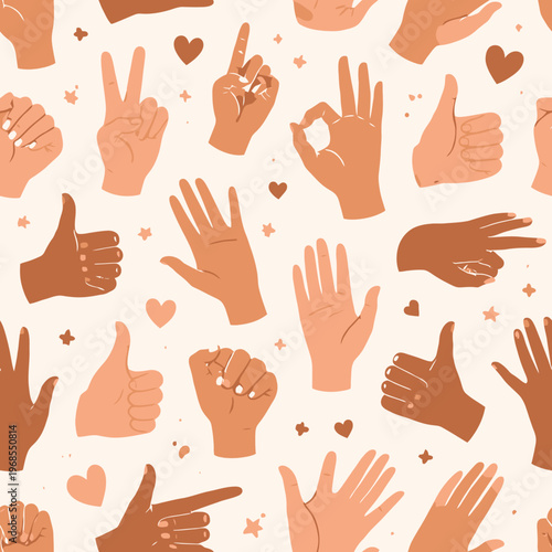 Diverse hand gestures pattern with multiracial skin tones on cream background