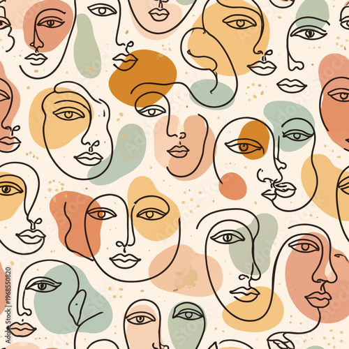 Abstract continuous line art faces with earth tones pattern background